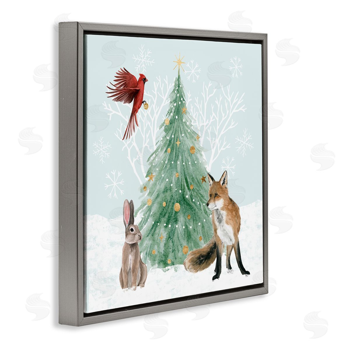 Grace Popp Wintery Wildlife Decorated Christmas Tree Snowflakes  Gray Floating Frame Canvas Wall Art Print