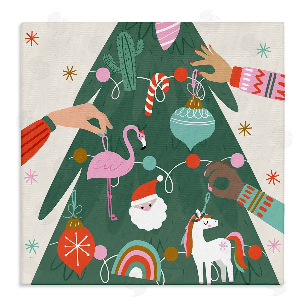 Angela Nickeas People Decorating Christmas Fir Tree Cheerful Ornaments  Stretched Canvas Wall Art Print