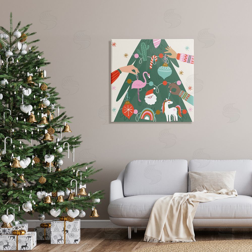 Angela Nickeas People Decorating Christmas Fir Tree Cheerful Ornaments  Canvas Wall Art in Room