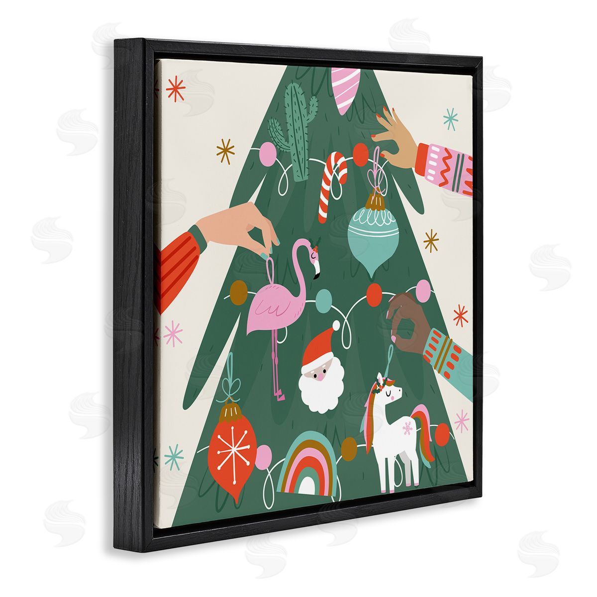 Angela Nickeas People Decorating Christmas Fir Tree Cheerful Ornaments  Black Floating Frame Canvas Wall Art Print