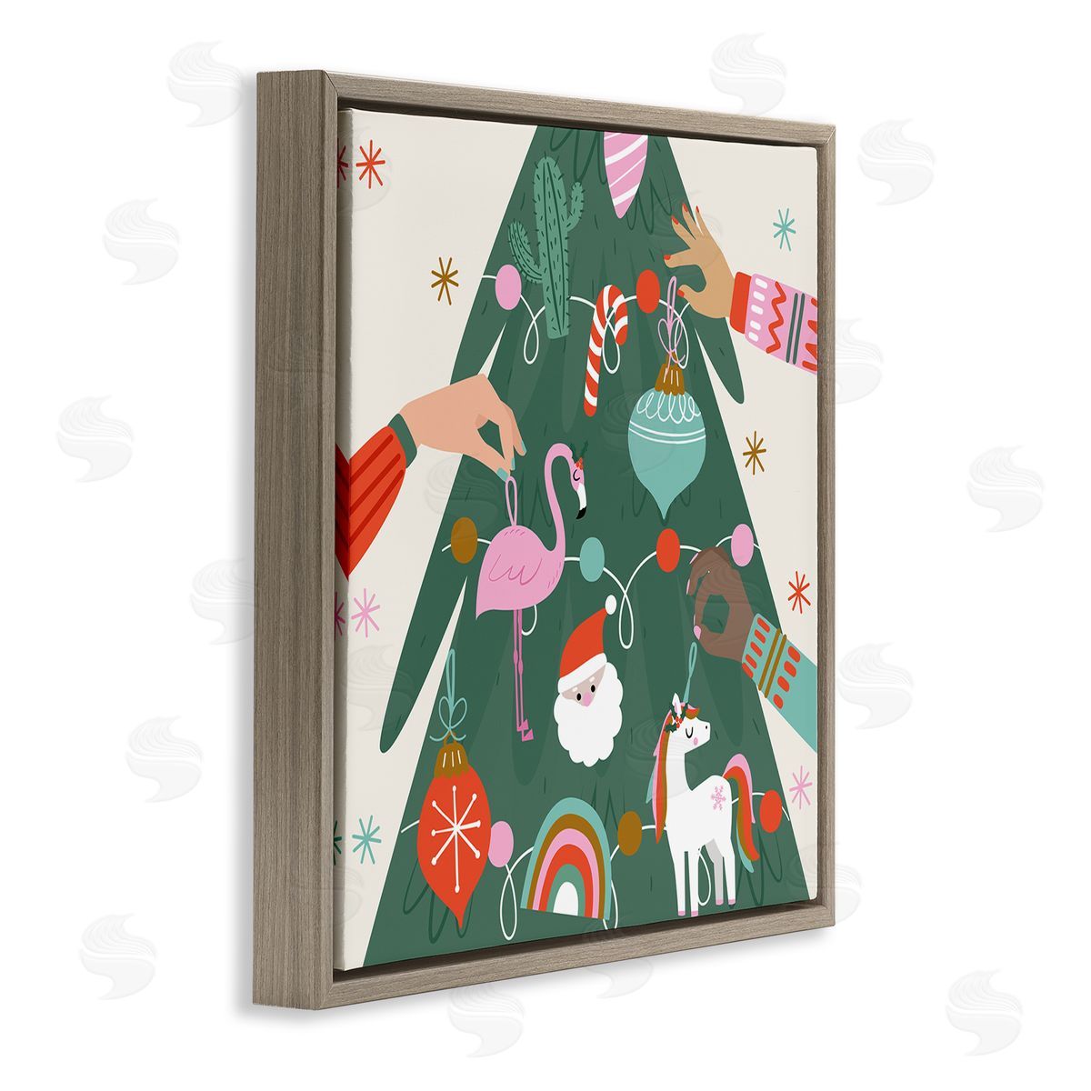 Angela Nickeas People Decorating Christmas Fir Tree Cheerful Ornaments  Brown Floating Frame Canvas Wall Art Print