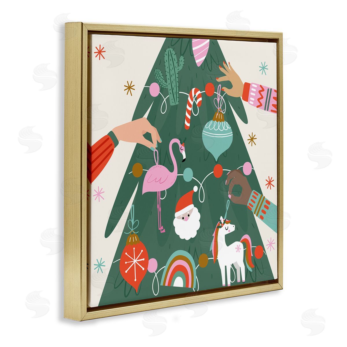Angela Nickeas People Decorating Christmas Fir Tree Cheerful Ornaments  Gold Floating Frame Canvas Wall Art Print