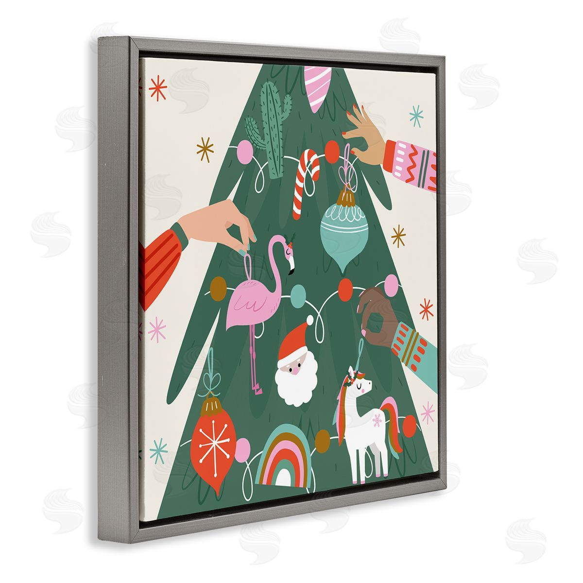 Angela Nickeas People Decorating Christmas Fir Tree Cheerful Ornaments  Gray Floating Frame Canvas Wall Art Print