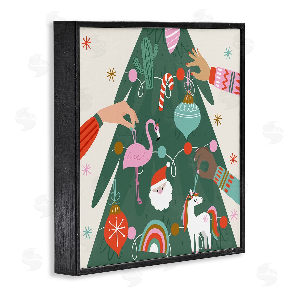 Angela Nickeas People Decorating Christmas Fir Tree Cheerful Ornaments  Black Framed Glicee Wall Art Print