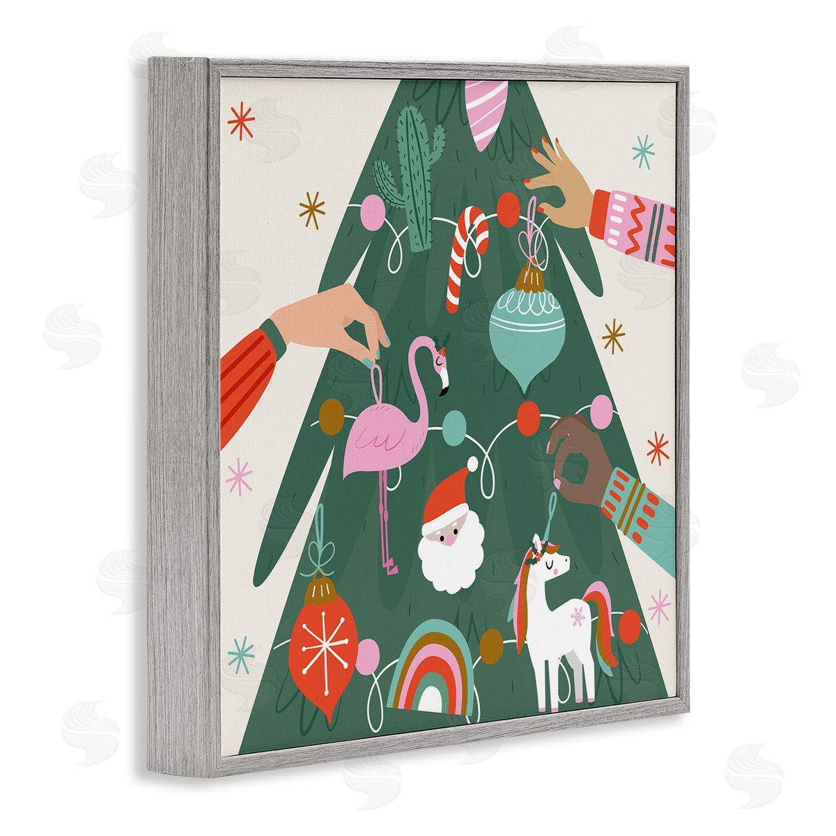 Angela Nickeas People Decorating Christmas Fir Tree Cheerful Ornaments  Gray Framed Glicee Wall Art Print