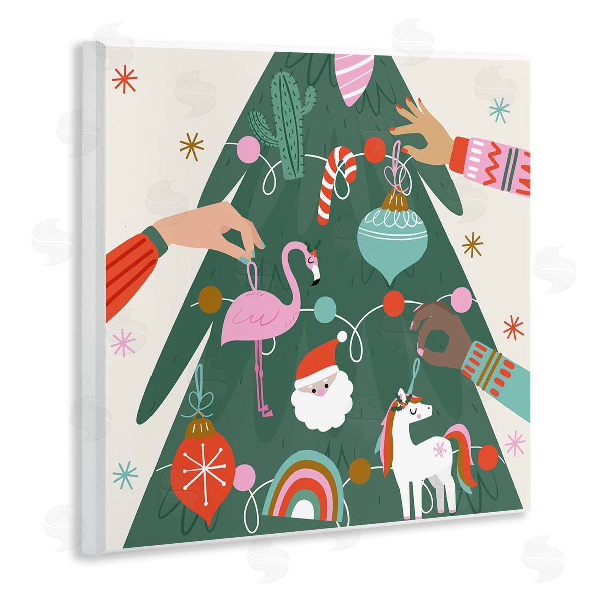 Angela Nickeas People Decorating Christmas Fir Tree Cheerful Ornaments  Wooden Wall Plaque Art Print
