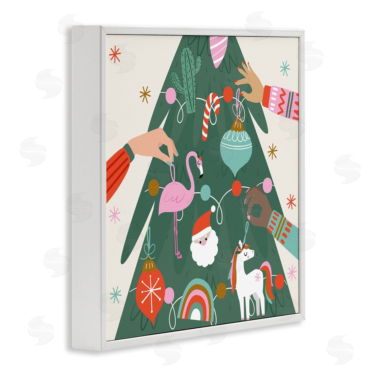 Angela Nickeas People Decorating Christmas Fir Tree Cheerful Ornaments  White Framed Glicee Wall Art Print