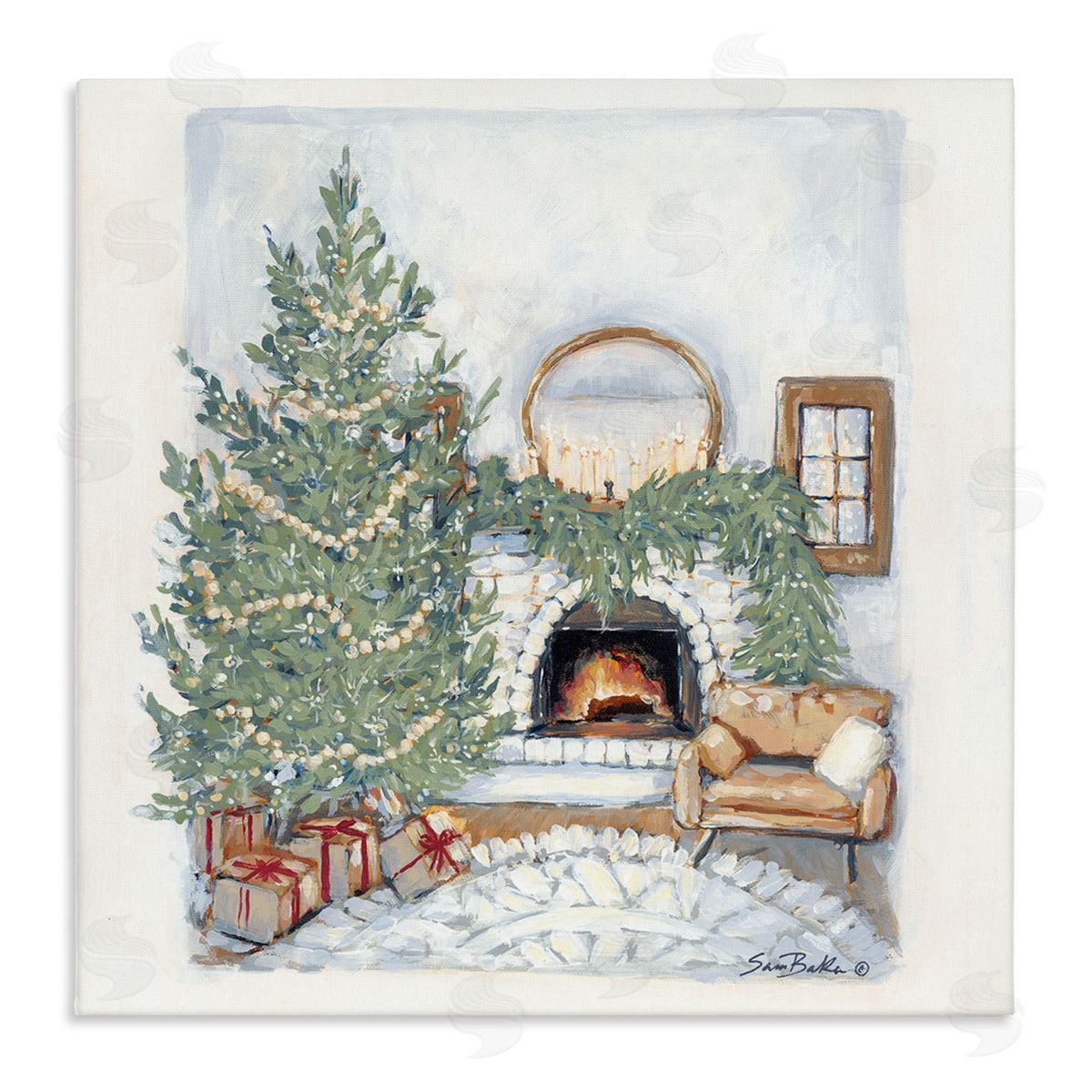 Sara Baker Cozy Christmas Night Gifts Decorated Fireplace Hearth  Stretched Canvas Wall Art Print