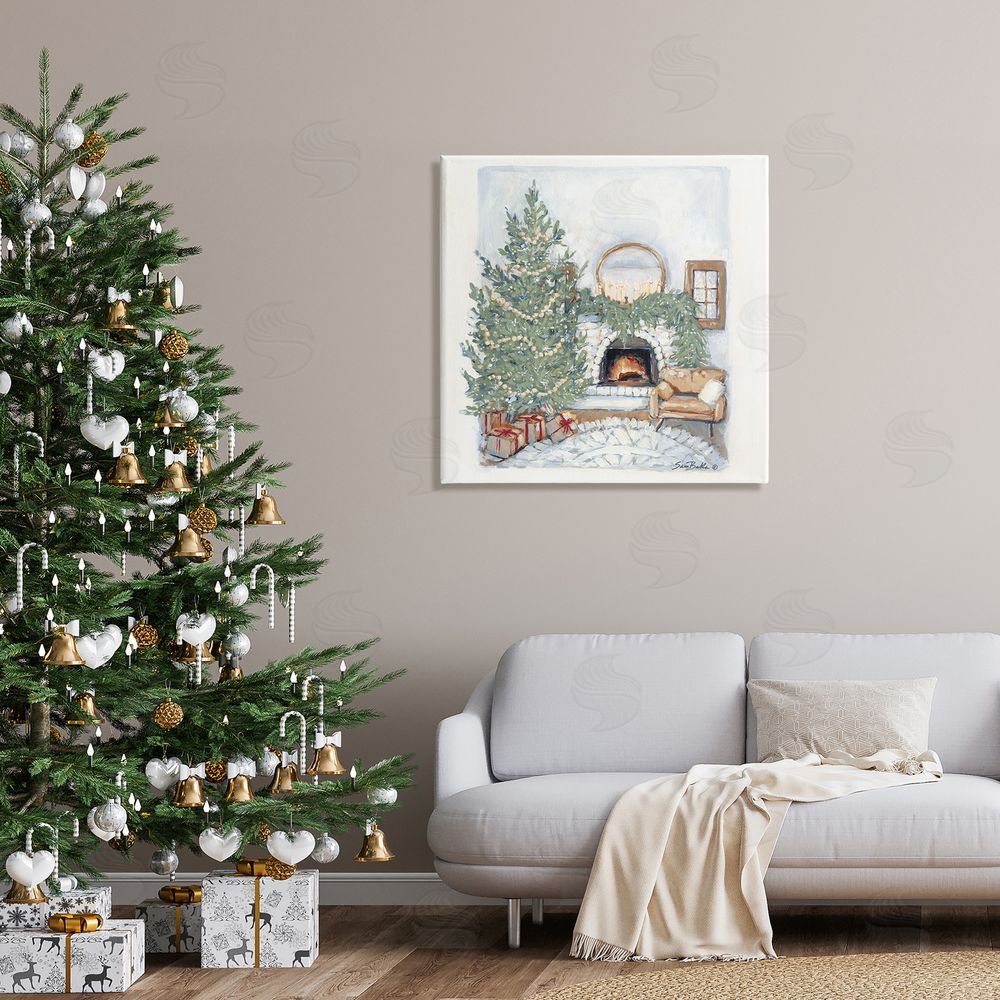 Sara Baker Cozy Christmas Night Gifts Decorated Fireplace Hearth  Canvas Wall Art in Room