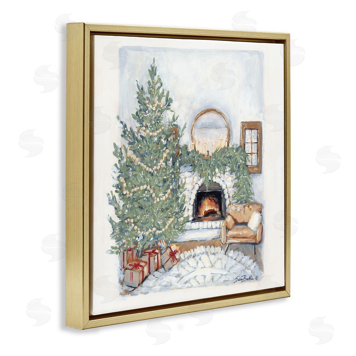 Sara Baker Cozy Christmas Night Gifts Decorated Fireplace Hearth  Gold Floating Frame Canvas Wall Art Print