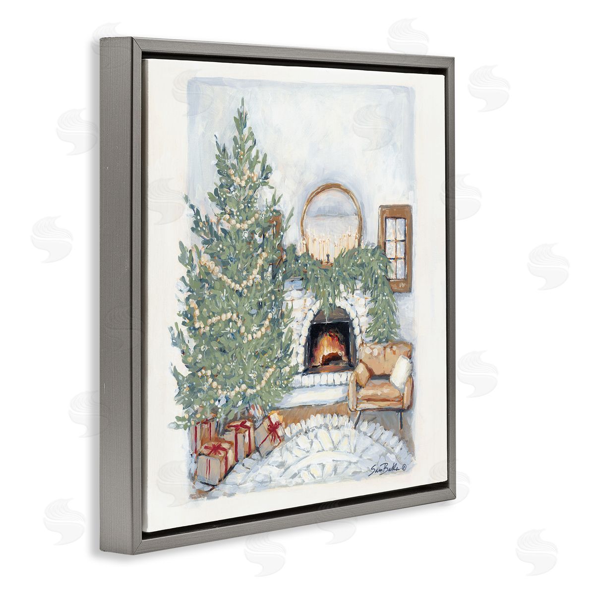 Sara Baker Cozy Christmas Night Gifts Decorated Fireplace Hearth  Gray Floating Frame Canvas Wall Art Print