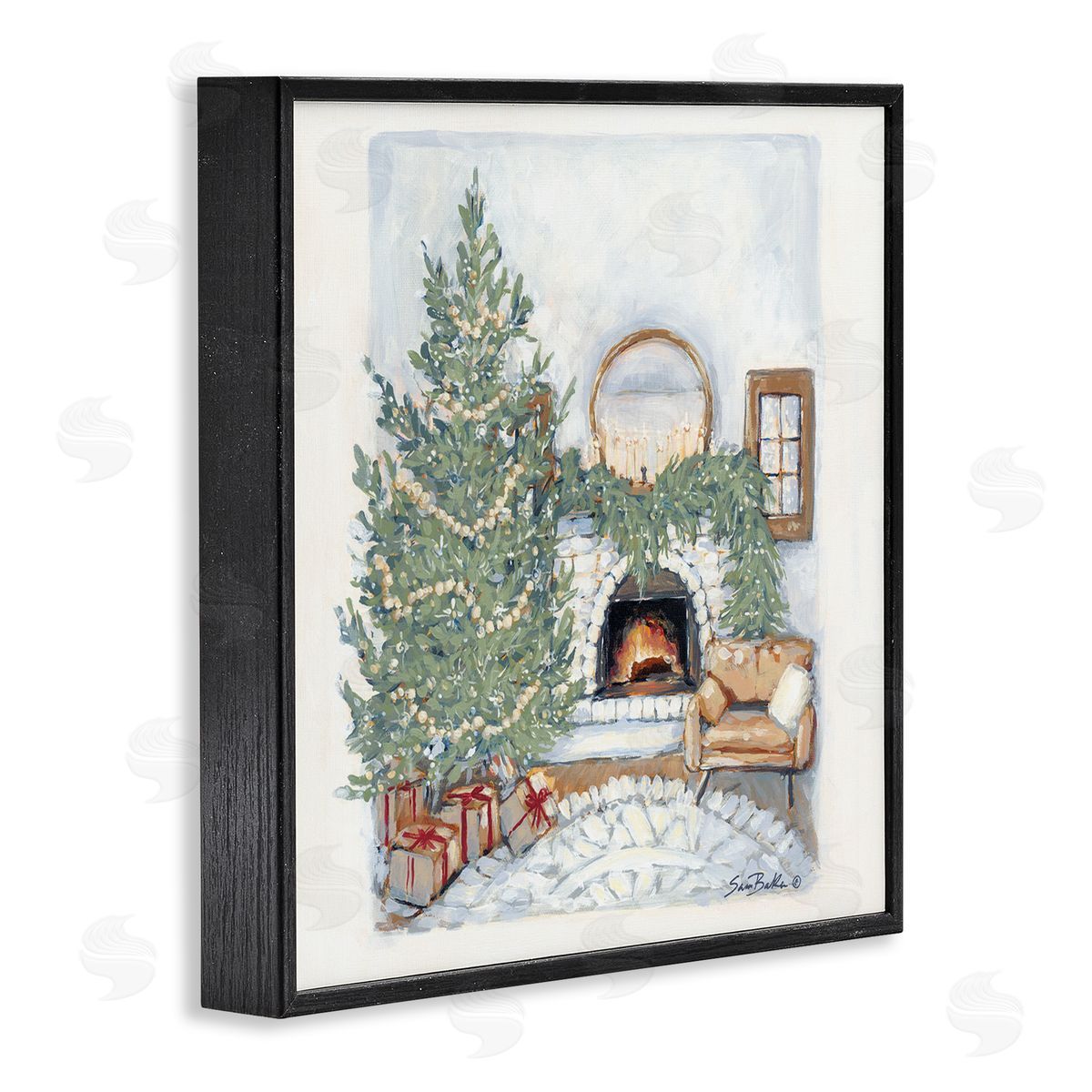 Sara Baker Cozy Christmas Night Gifts Decorated Fireplace Hearth  Black Framed Glicee Wall Art Print