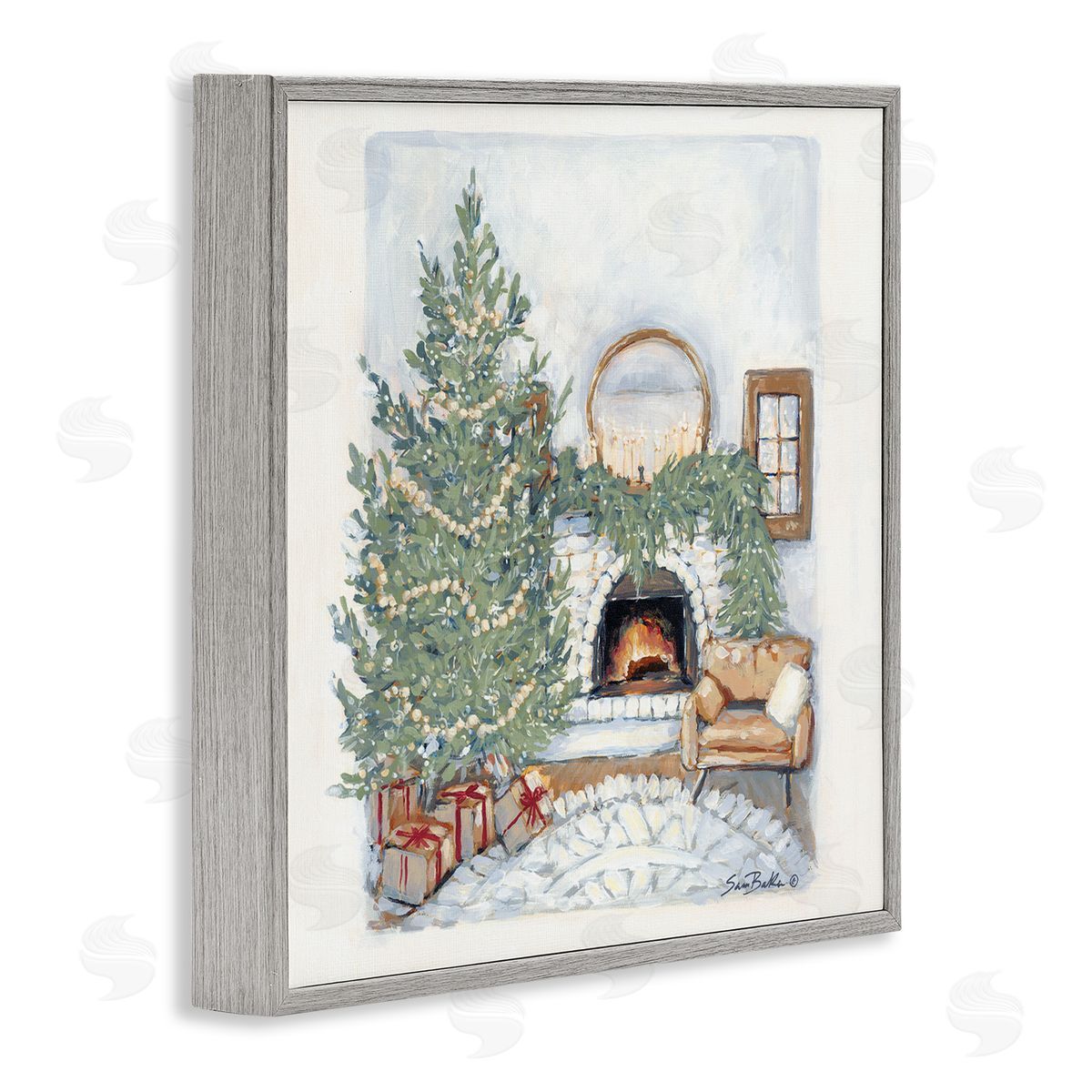 Sara Baker Cozy Christmas Night Gifts Decorated Fireplace Hearth  Gray Framed Glicee Wall Art Print