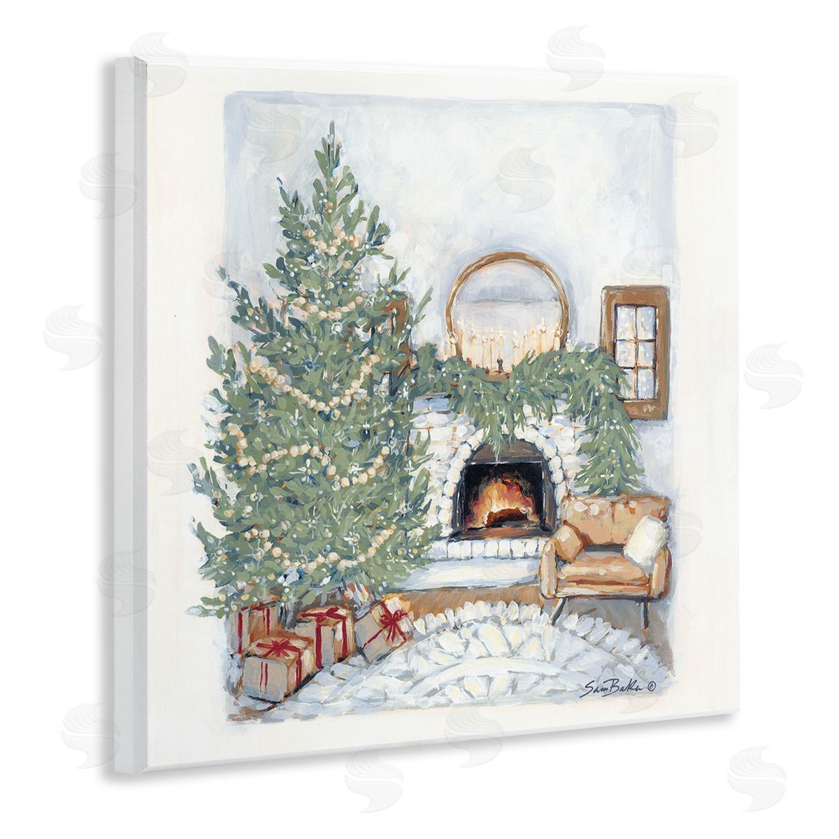 Sara Baker Cozy Christmas Night Gifts Decorated Fireplace Hearth  Wooden Wall Plaque Art Print