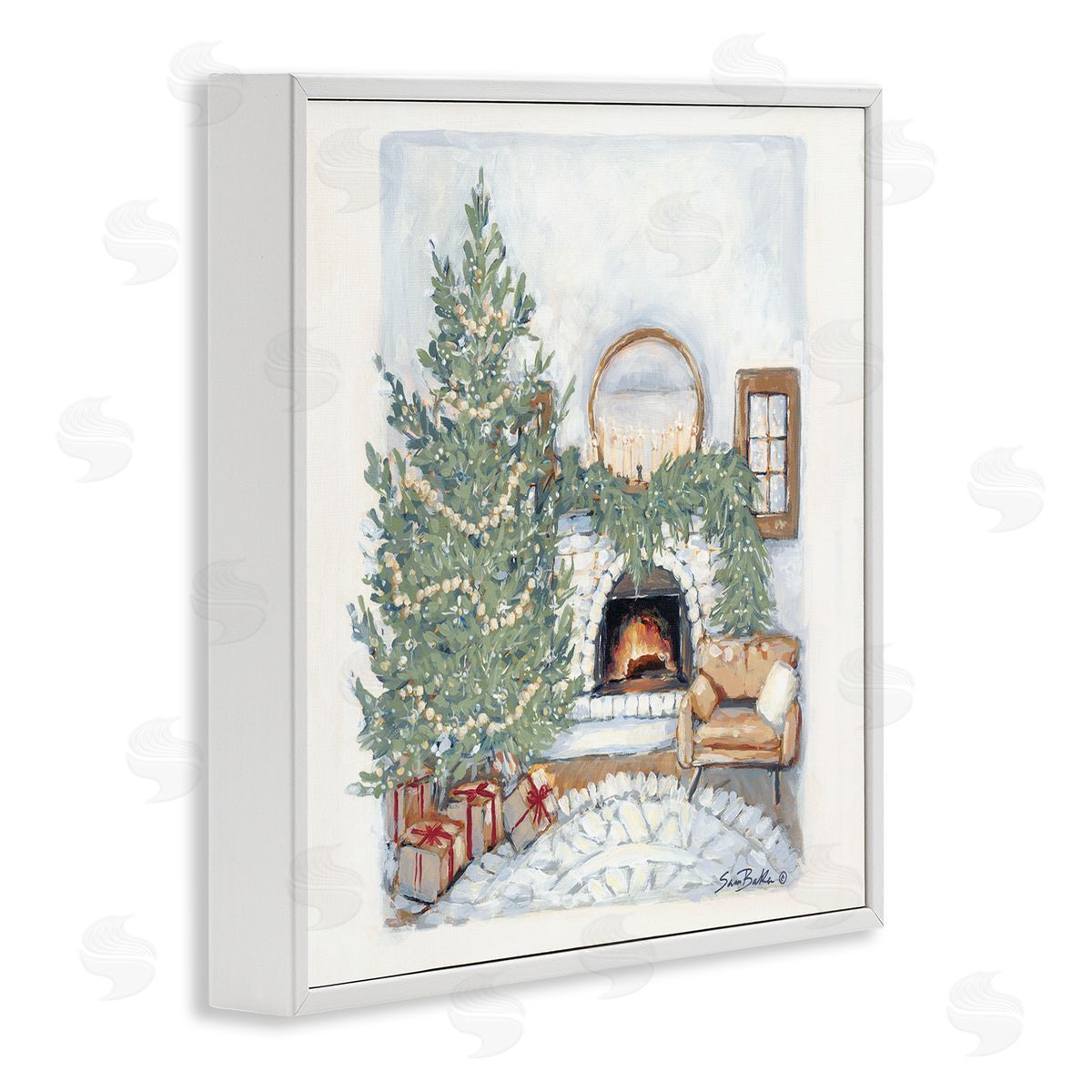 Sara Baker Cozy Christmas Night Gifts Decorated Fireplace Hearth  White Framed Glicee Wall Art Print