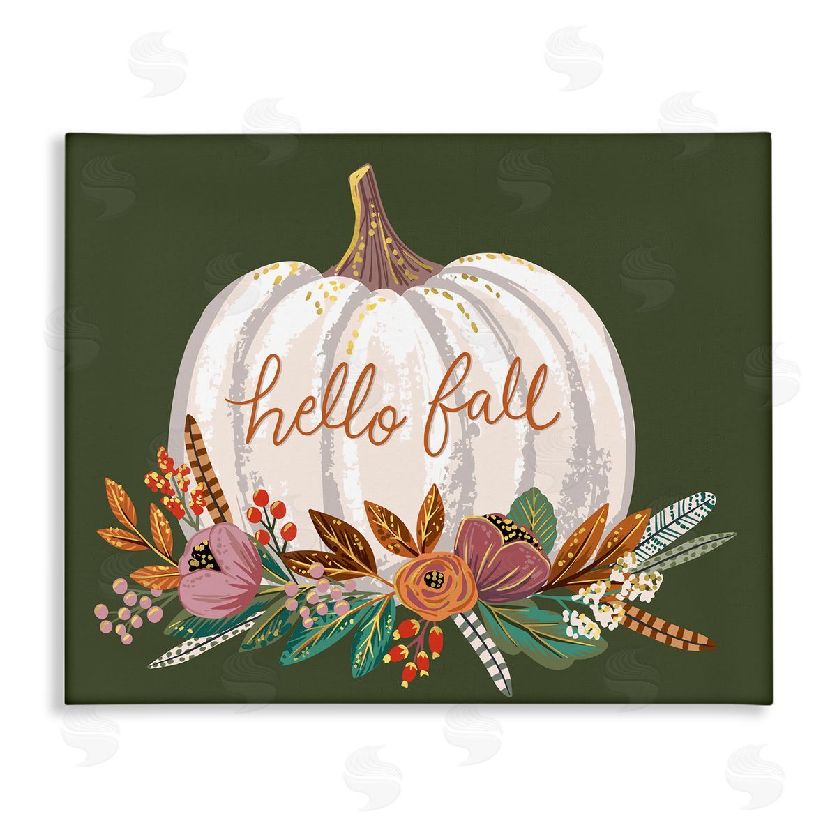 Caroline Alfreds Autumnal Hello Fall Script Pumpkin Gourd Botanicals Stretched Canvas Wall Art Print