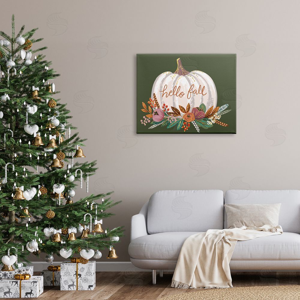 Caroline Alfreds Autumnal Hello Fall Script Pumpkin Gourd Botanicals Canvas Wall Art Print in Room