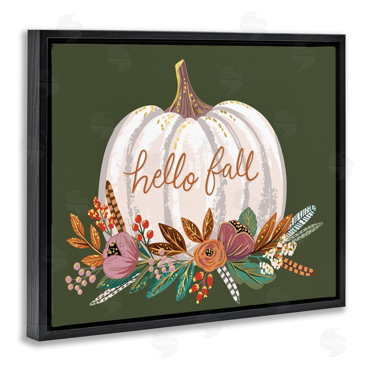 Caroline Alfreds Autumnal Hello Fall Script Pumpkin Gourd Botanicals Black Floating Frame Canvas Wall Art Print