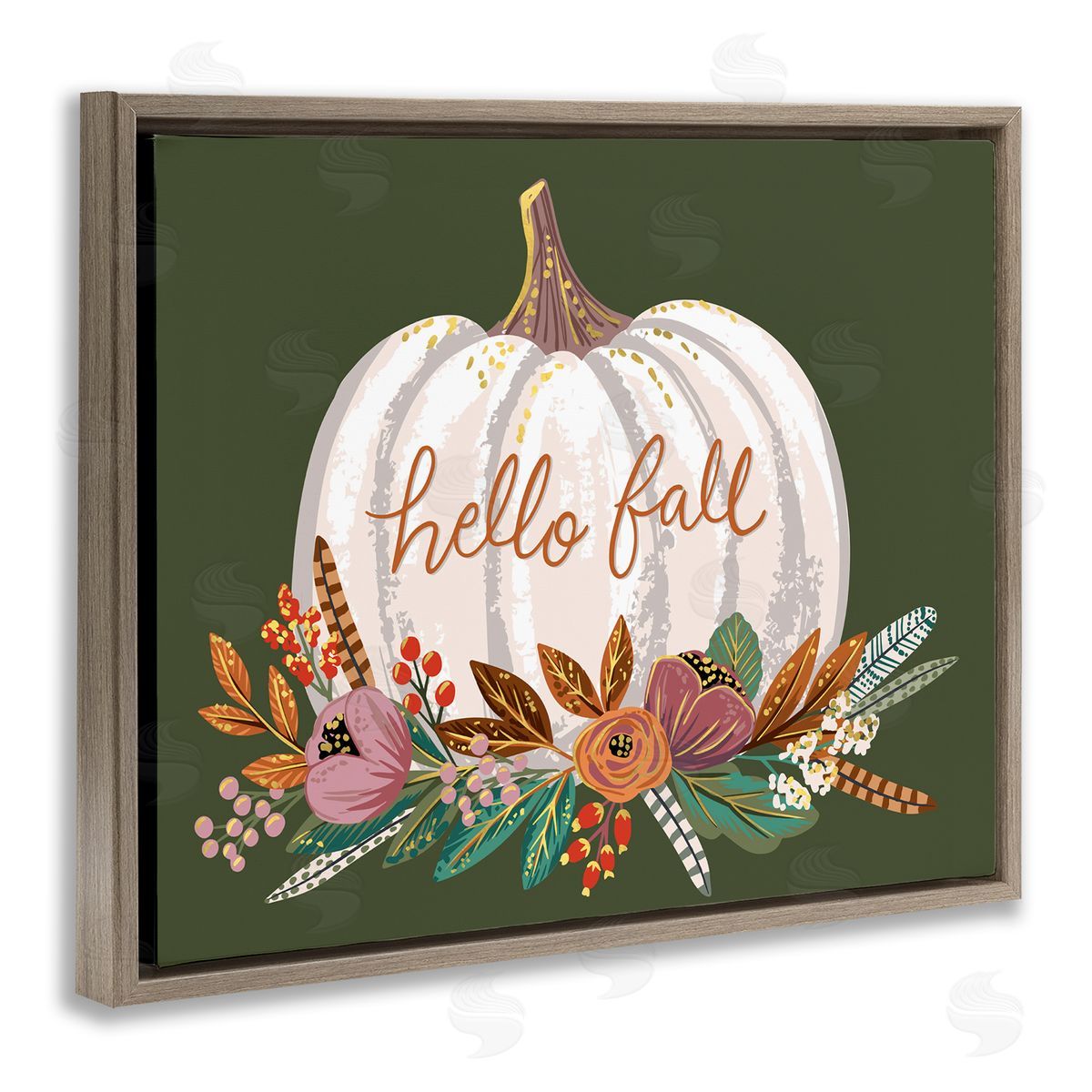 Caroline Alfreds Autumnal Hello Fall Script Pumpkin Gourd Botanicals Brown Floating Frame Canvas Wall Art Print