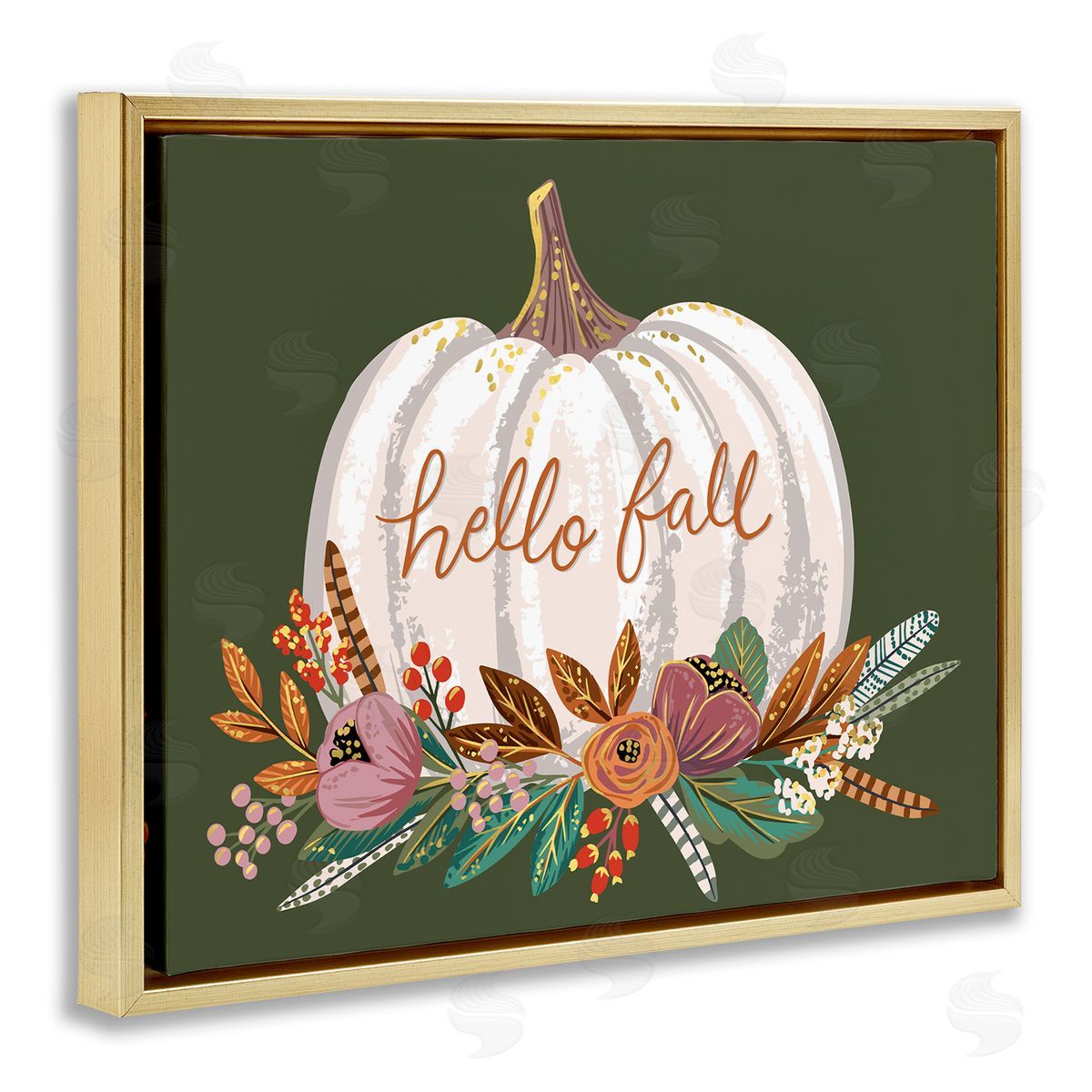 Caroline Alfreds Autumnal Hello Fall Script Pumpkin Gourd Botanicals Gold Floating Frame Canvas Wall Art Print