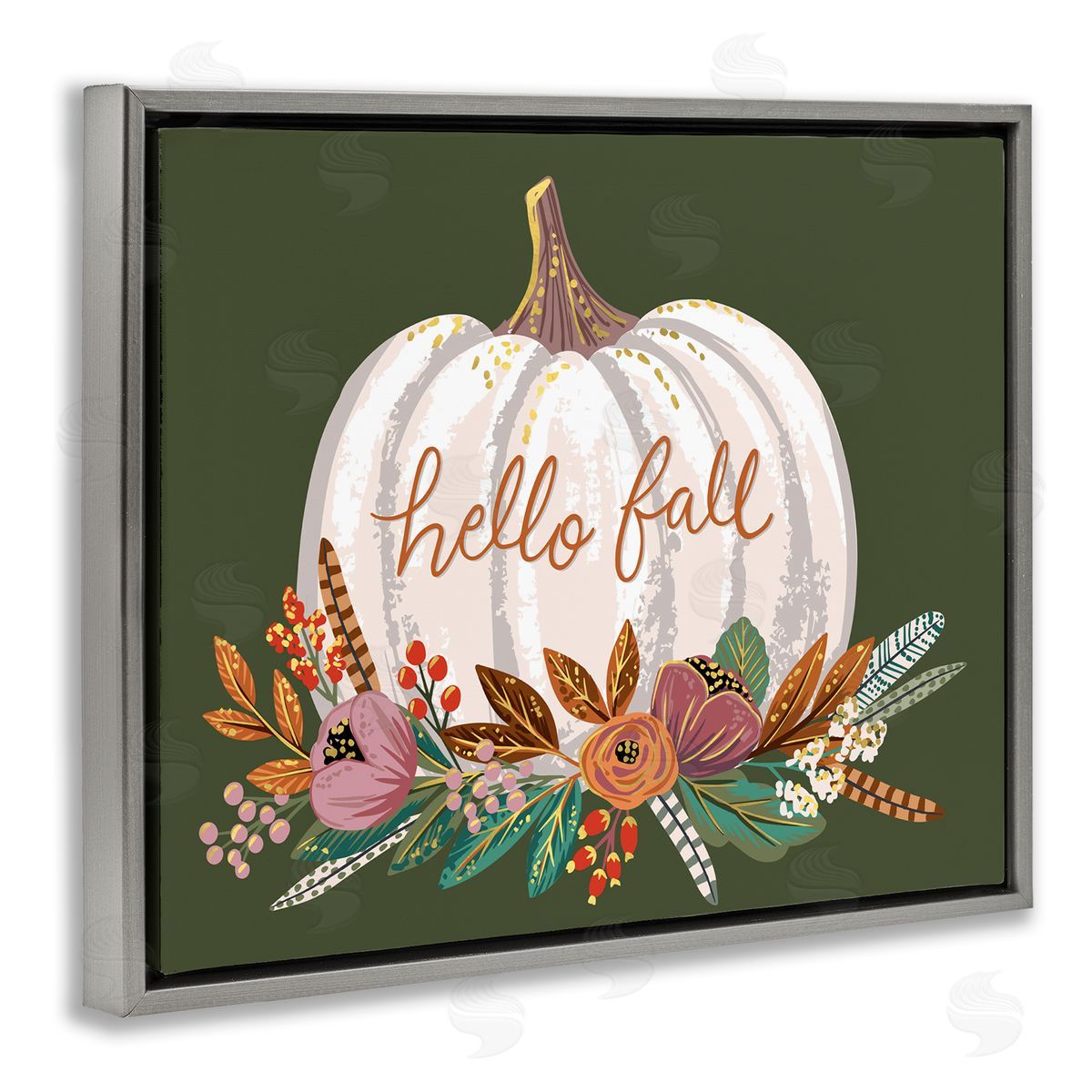 Caroline Alfreds Autumnal Hello Fall Script Pumpkin Gourd Botanicals Gray Floating Frame Canvas Wall Art Print