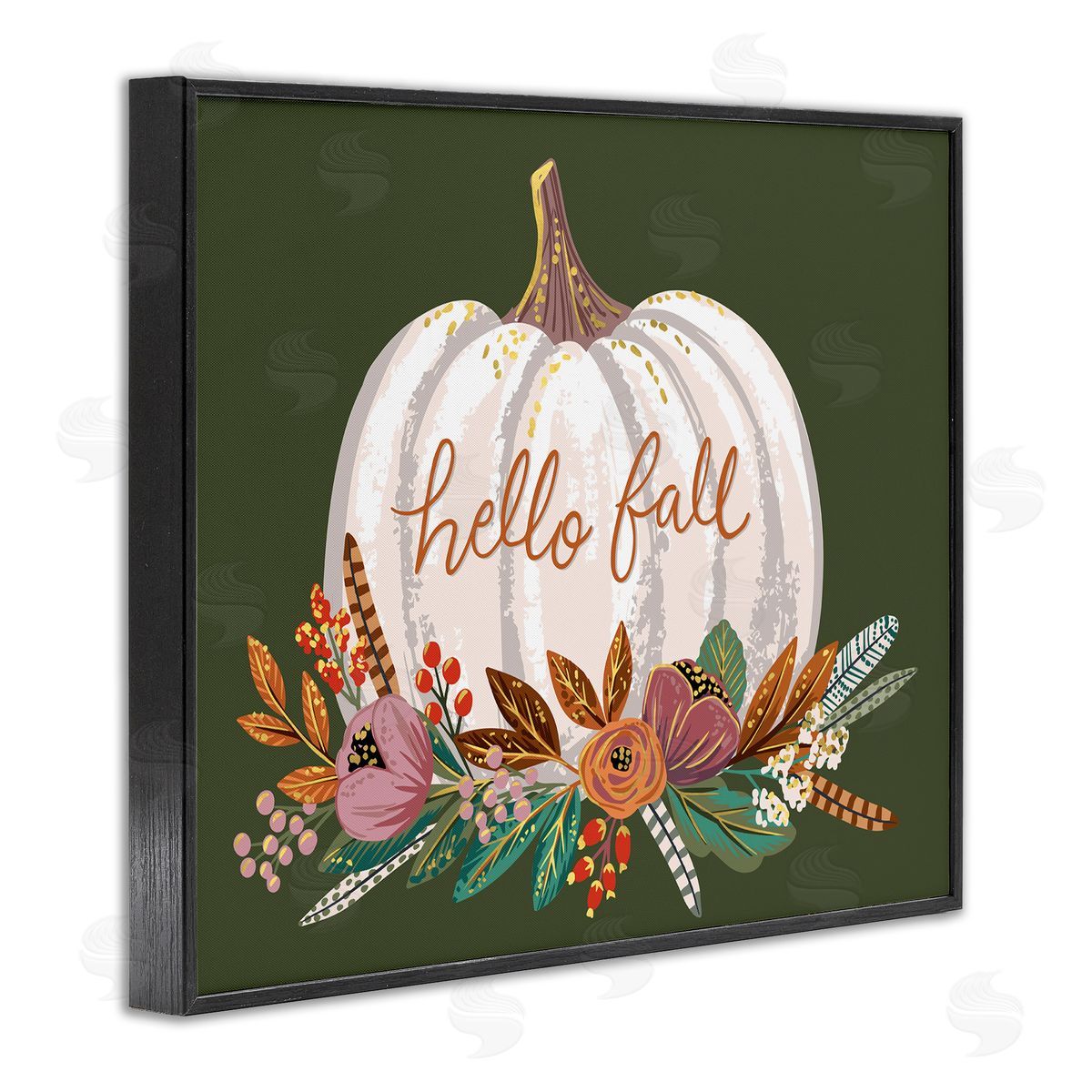 Caroline Alfreds Autumnal Hello Fall Script Pumpkin Gourd Botanicals Black Framed Giclee Wall Art Print
