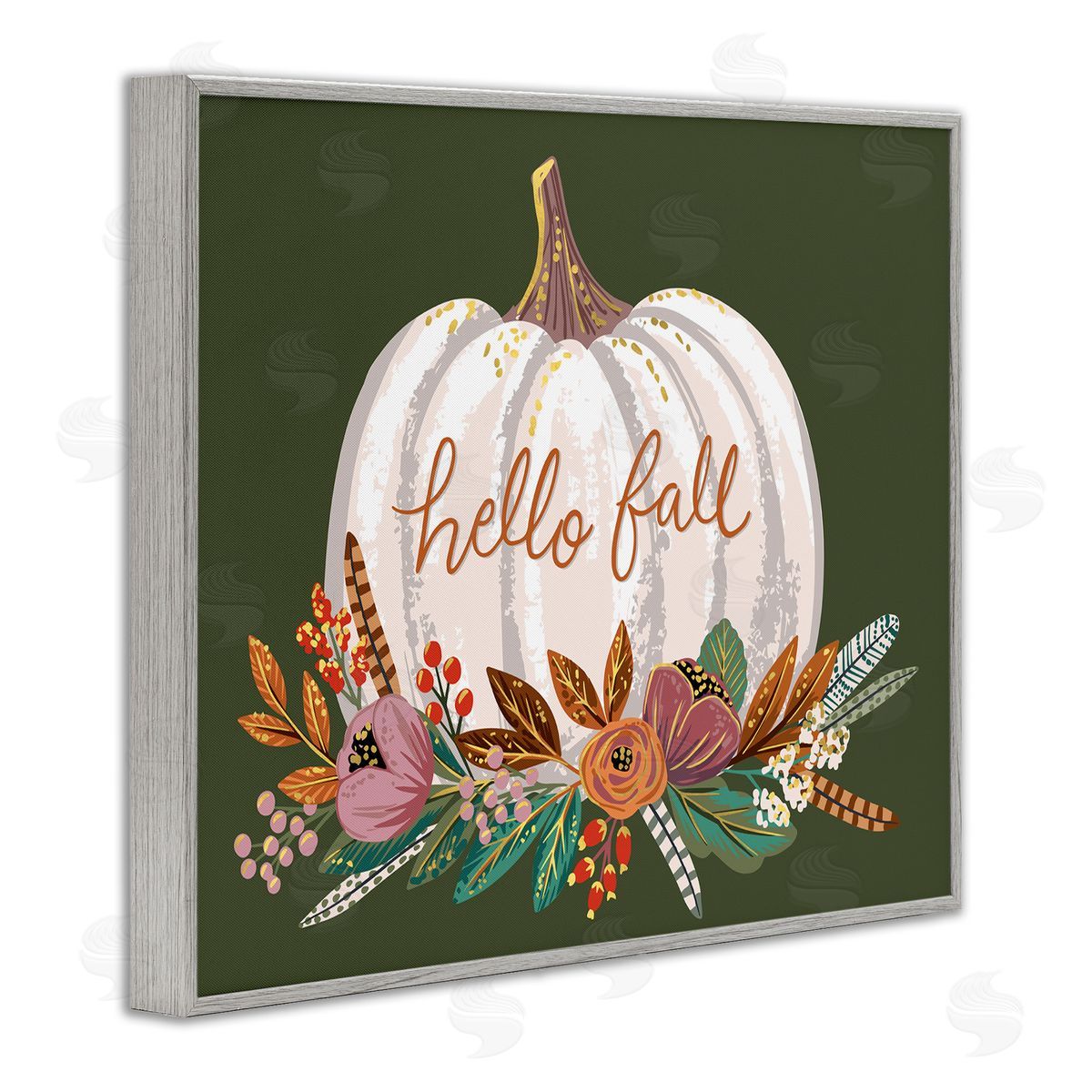 Caroline Alfreds Autumnal Hello Fall Script Pumpkin Gourd Botanicals Gray Framed Giclee Wall Art Print