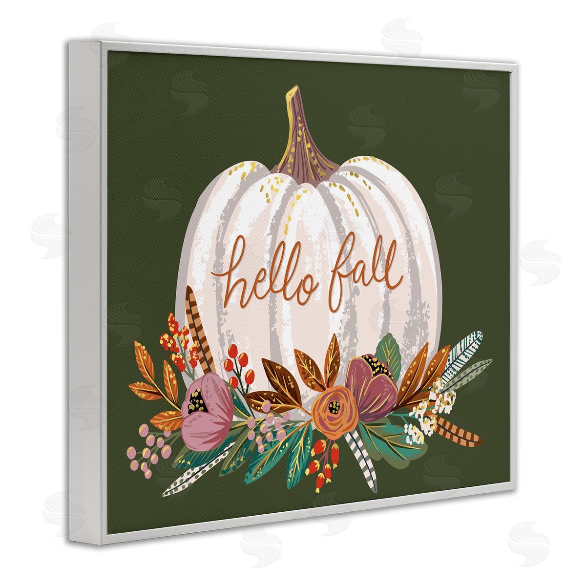 Caroline Alfreds Autumnal Hello Fall Script Pumpkin Gourd Botanicals White Framed Giclee Wall Art Print