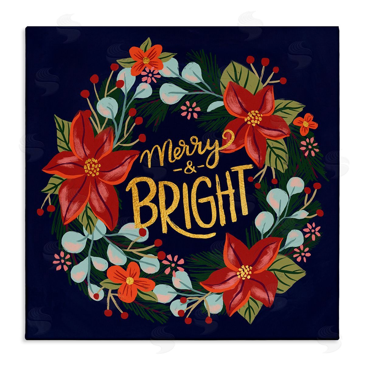 Deborah Curiel Merry And Bright Calligraphy Floral Poinsettia Wreath  Stretched Canvas Wall Art Print