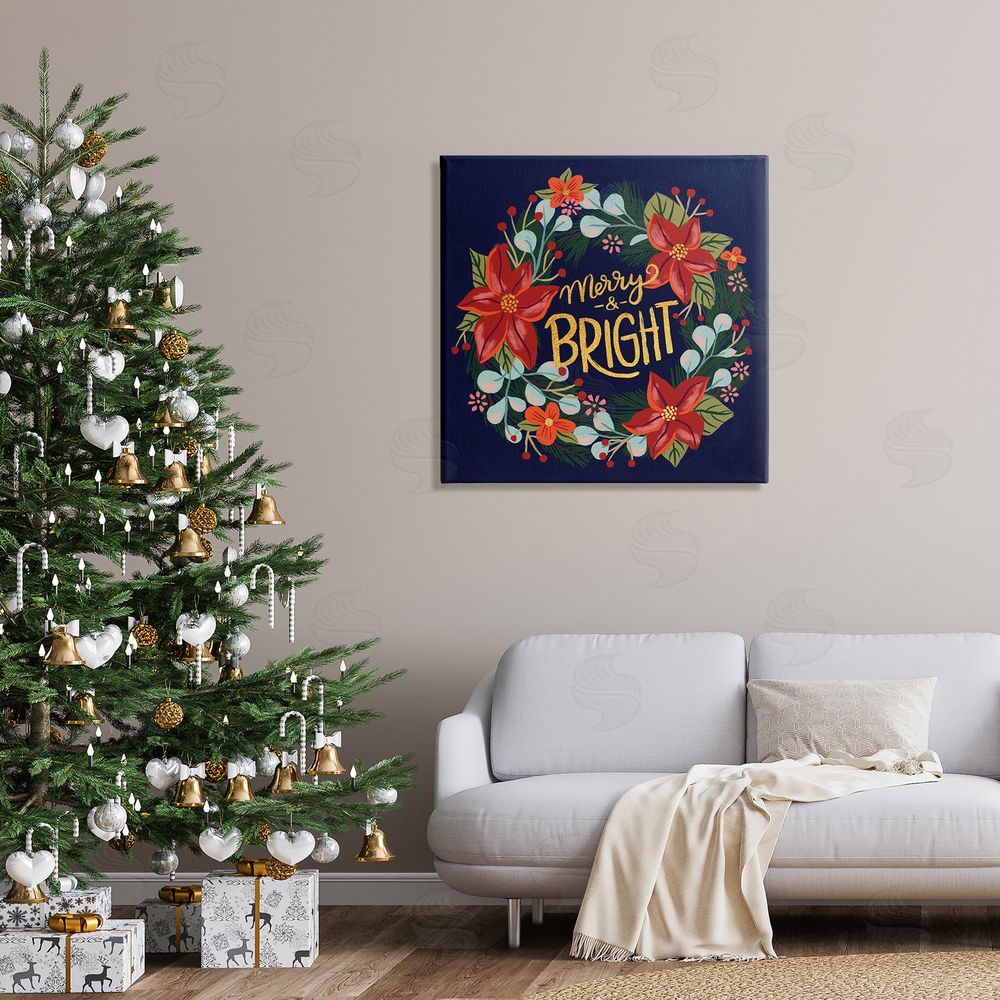 Deborah Curiel Merry And Bright Calligraphy Floral Poinsettia Wreath  Canvas Wall Art in Room