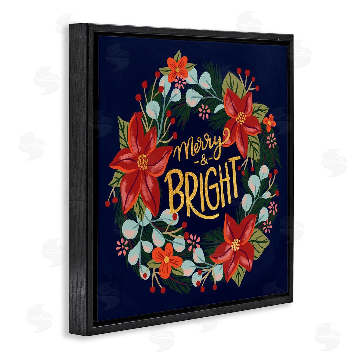 Deborah Curiel Merry And Bright Calligraphy Floral Poinsettia Wreath  Black Floating Frame Canvas Wall Art Print