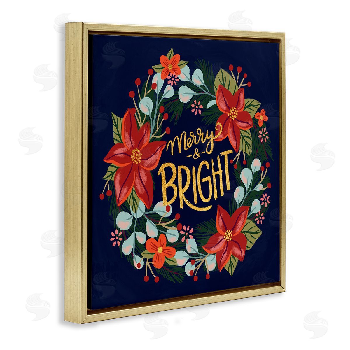 Deborah Curiel Merry And Bright Calligraphy Floral Poinsettia Wreath  Gold Floating Frame Canvas Wall Art Print