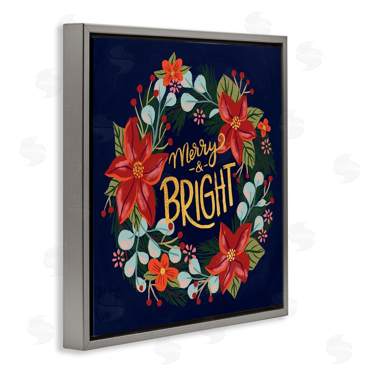 Deborah Curiel Merry And Bright Calligraphy Floral Poinsettia Wreath  Gray Floating Frame Canvas Wall Art Print