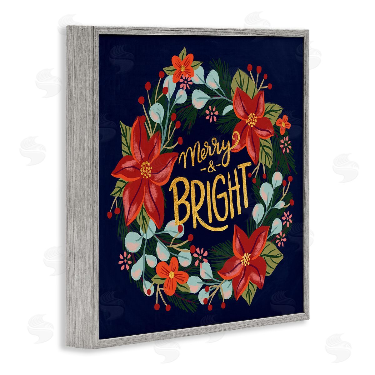 Deborah Curiel Merry And Bright Calligraphy Floral Poinsettia Wreath  Gray Framed Glicee Wall Art Print