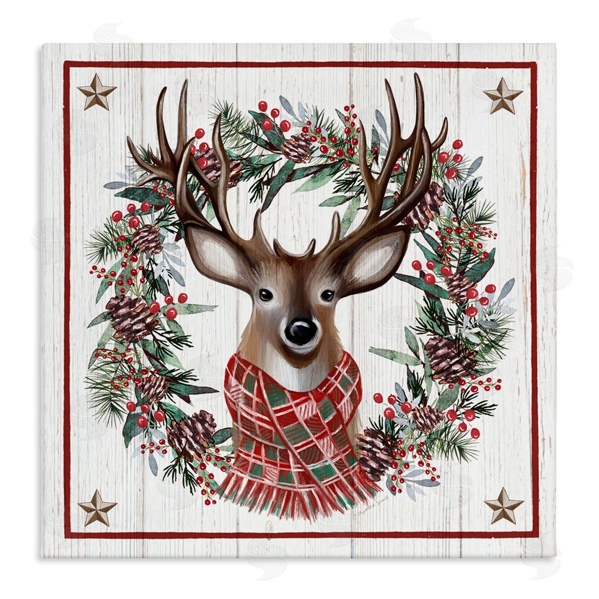 Elizabeth Tyndall Rustic Holly Pinecone Wreath Bordered Reindeer Scarf Stretched Canvas Wall Art Print