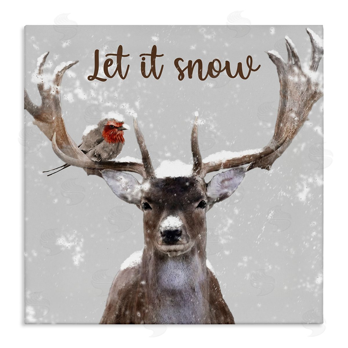 Marcus Prime Let It Snow Winter Bird Perched Deer Antlers  Stretched Canvas Wall Art Print
