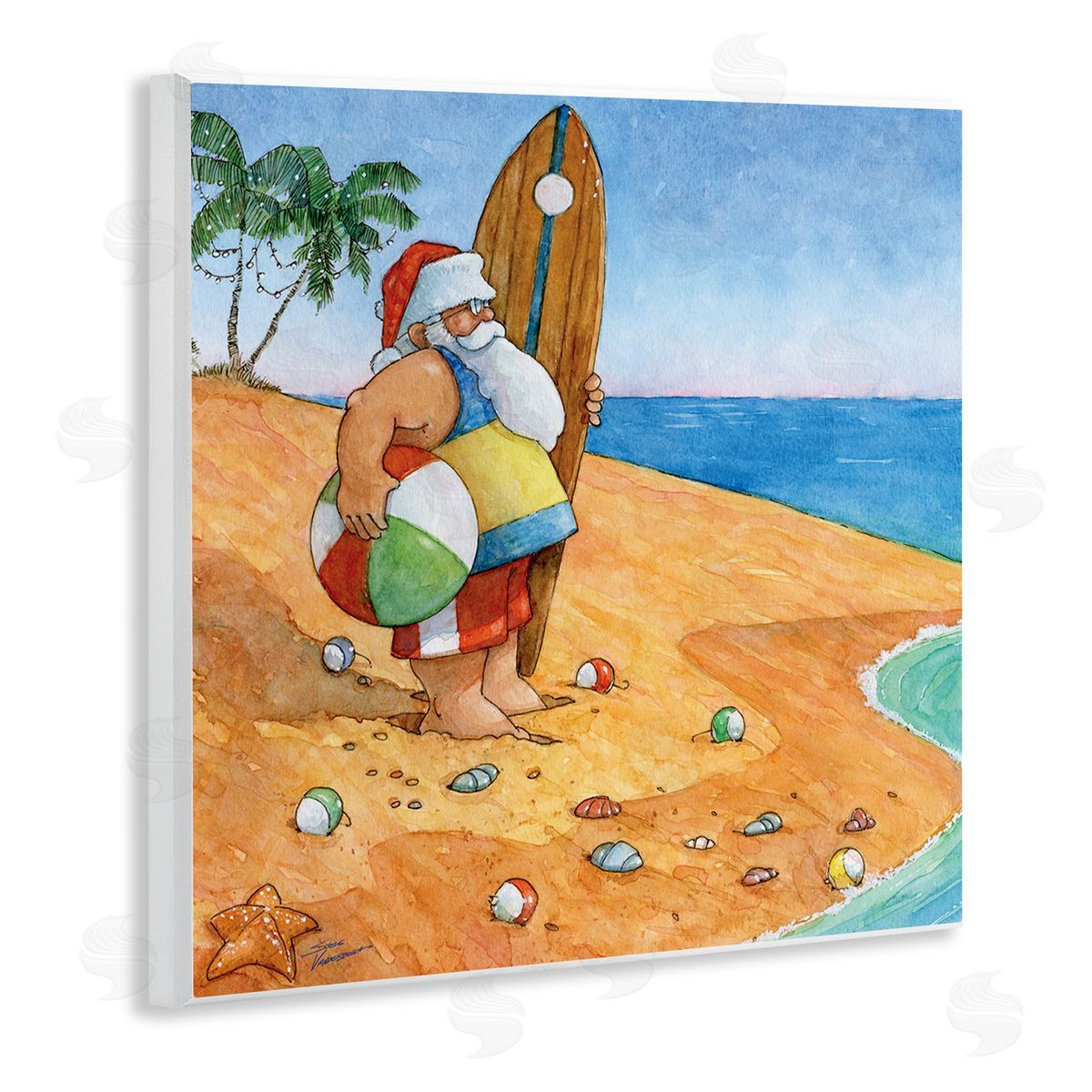 Steve Vanderbosch Santa Claus On Beach Surf Board Tropical Christmas Wooden Wall Plaque Art Print
