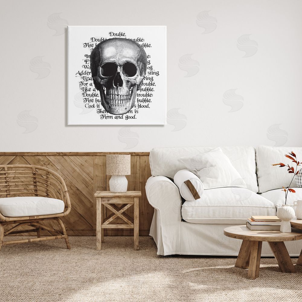 Lettered and Lined Spooky Skull Layered Vintage Script Hex Text  Canvas Wall Art in Room