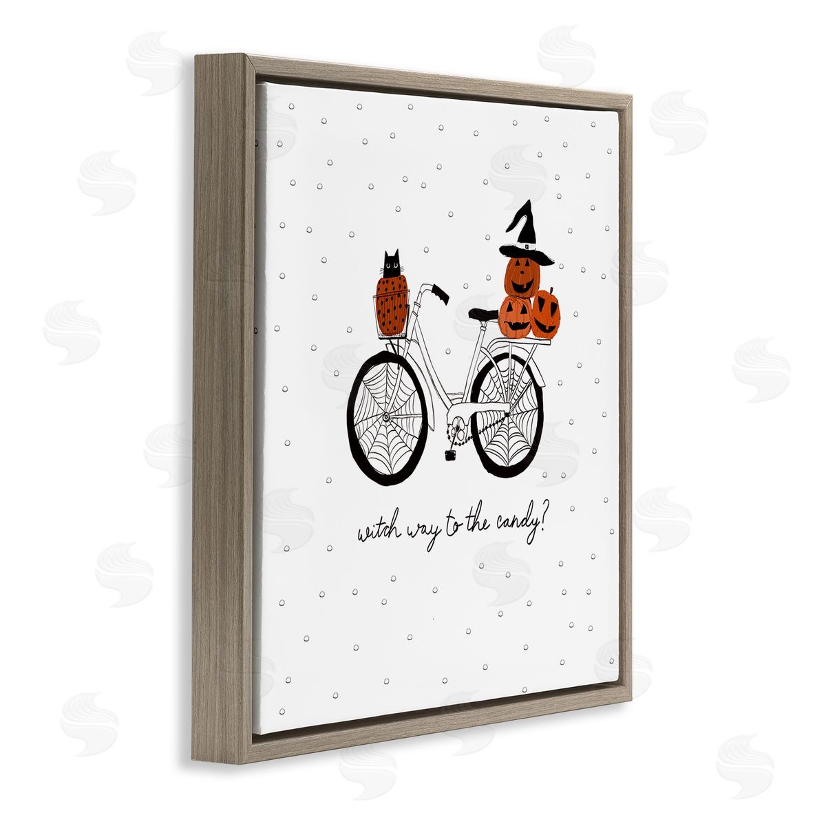 Amylee Weeks Halloween Witty Calligraphy Patterned Pumpkins Cat Bicycle  Brown Floating Frame Canvas Wall Art Print