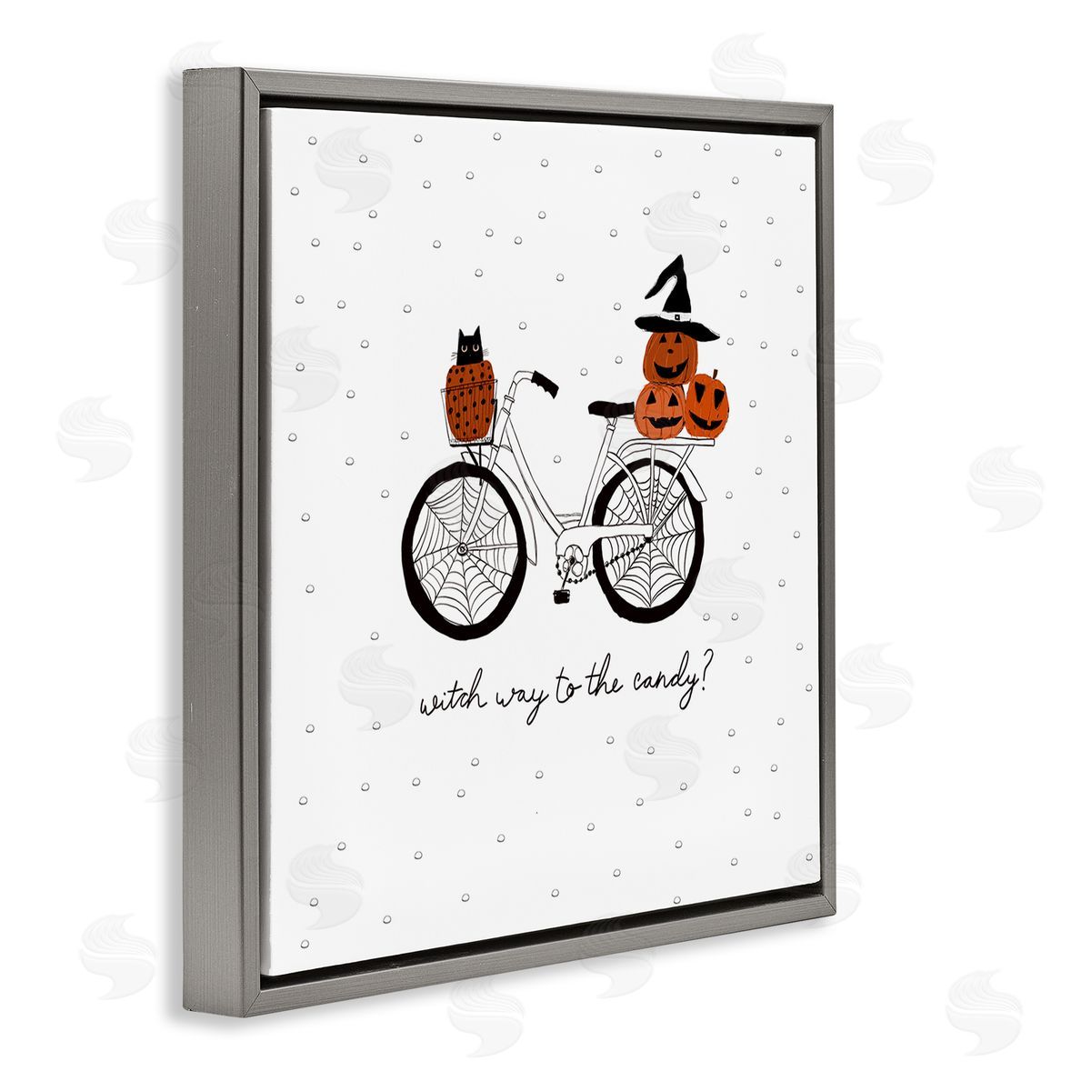 Amylee Weeks Halloween Witty Calligraphy Patterned Pumpkins Cat Bicycle  Gray Floating Frame Canvas Wall Art Print