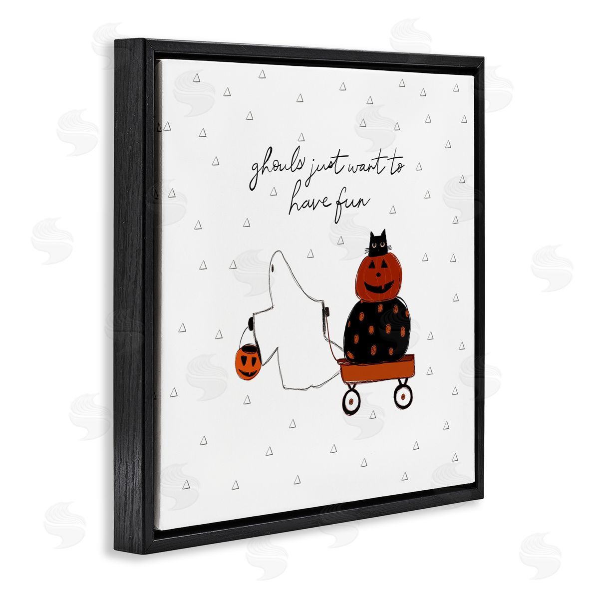 Amylee Weeks Playful Ghost Script Quote Pumpkins Cat In Wagon  Black Floating Frame Canvas Wall Art Print