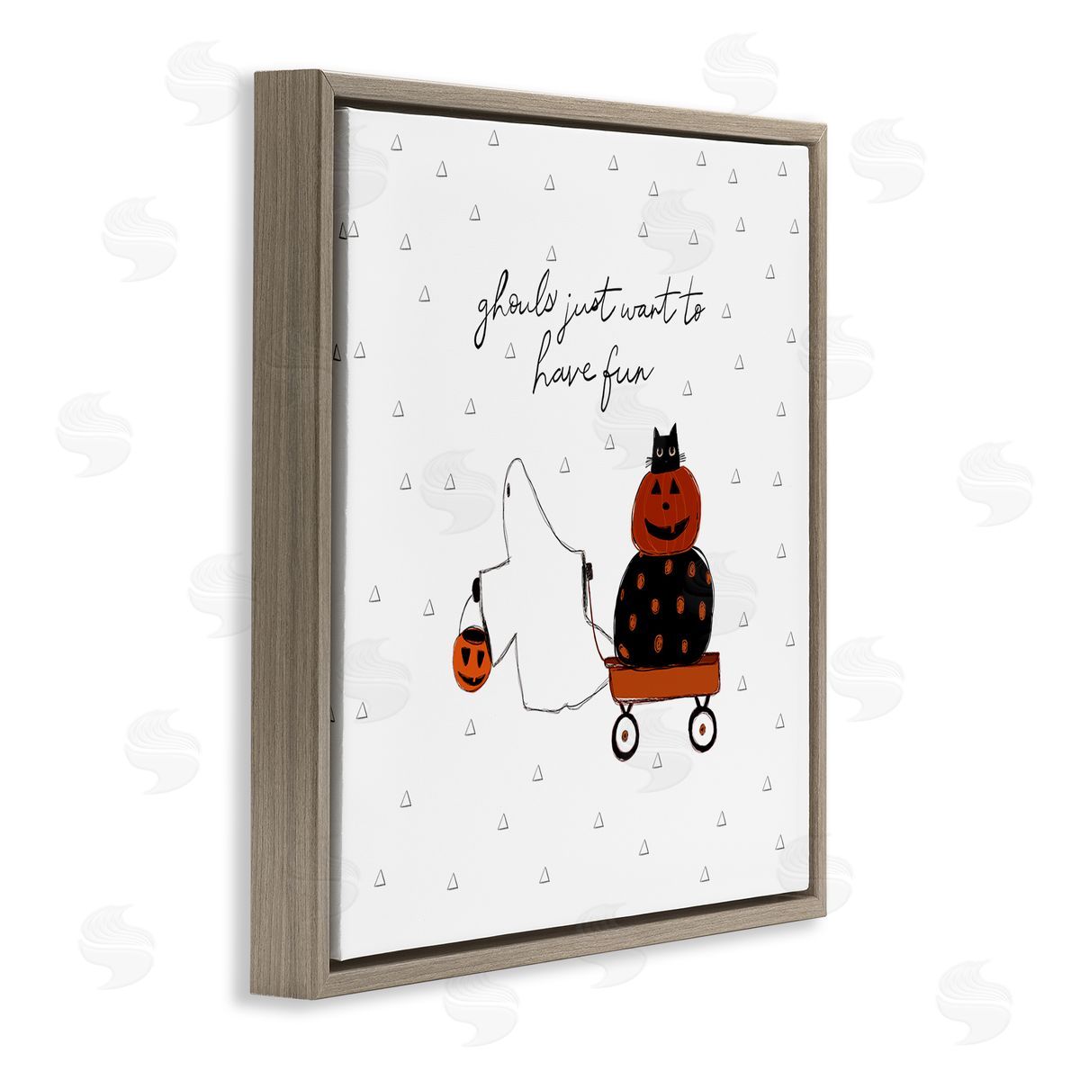 Amylee Weeks Playful Ghost Script Quote Pumpkins Cat In Wagon  Brown Floating Frame Canvas Wall Art Print