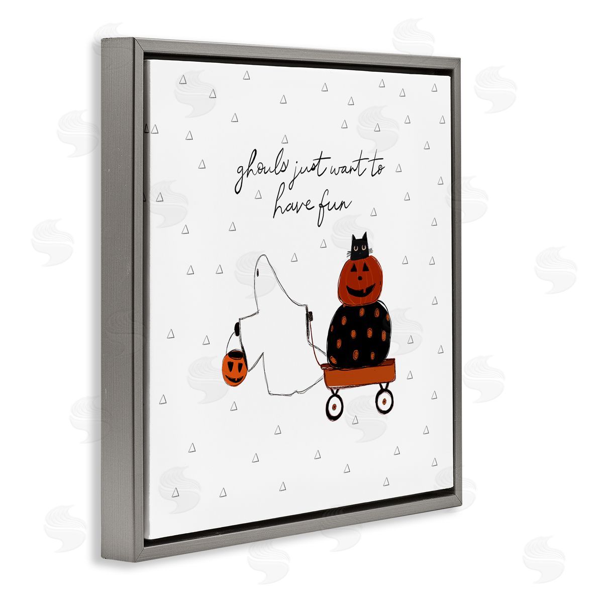 Amylee Weeks Playful Ghost Script Quote Pumpkins Cat In Wagon  Gray Floating Frame Canvas Wall Art Print