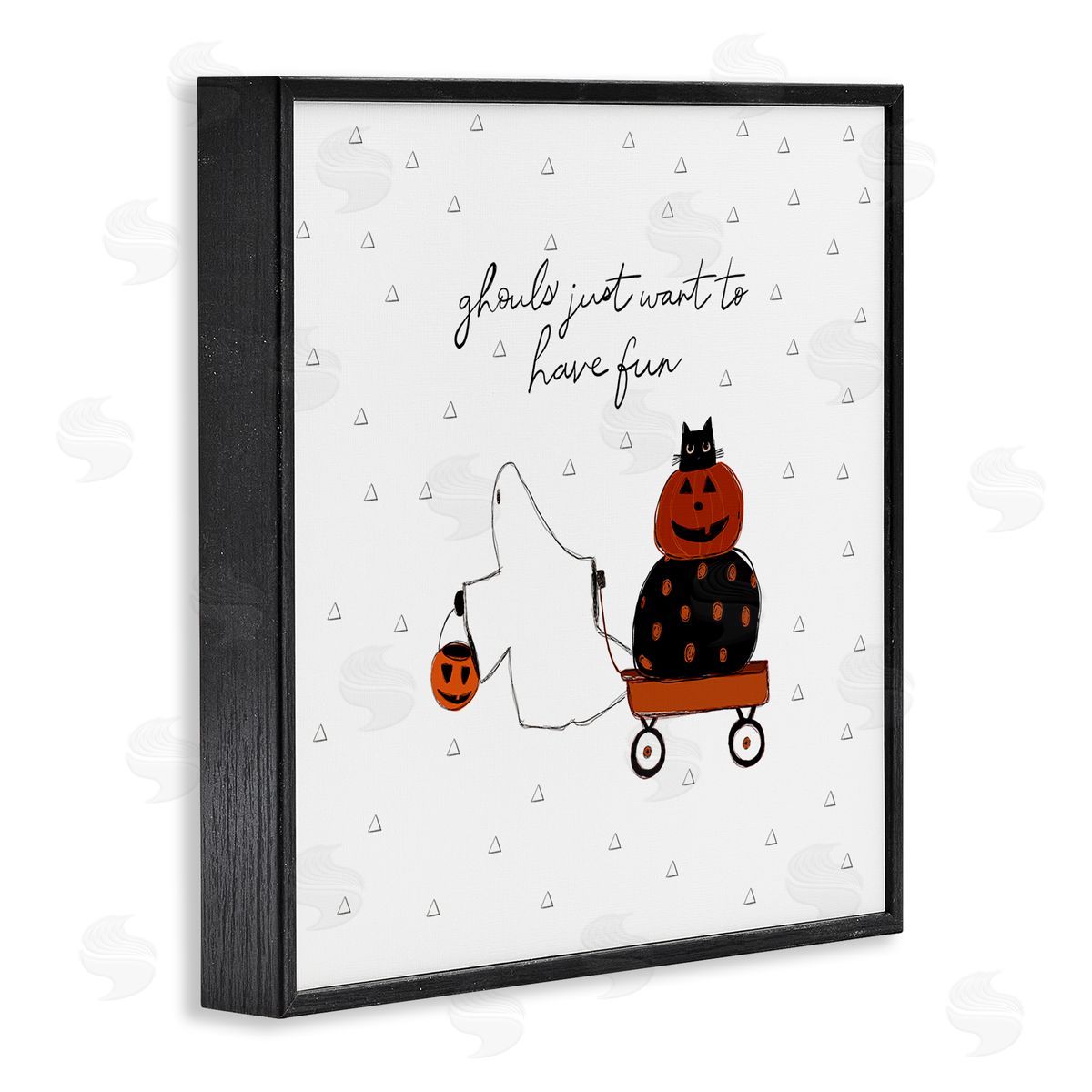 Amylee Weeks Playful Ghost Script Quote Pumpkins Cat In Wagon  Black Framed Glicee Wall Art Print