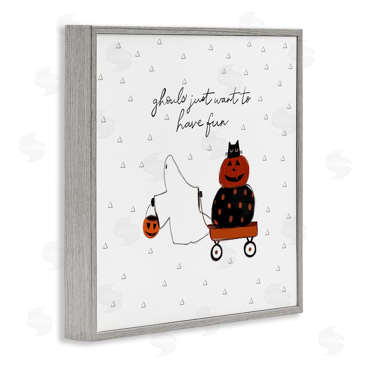 Amylee Weeks Playful Ghost Script Quote Pumpkins Cat In Wagon  Gray Framed Glicee Wall Art Print