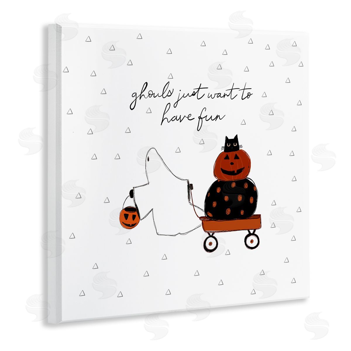 Amylee Weeks Playful Ghost Script Quote Pumpkins Cat In Wagon  Wooden Wall Plaque Art Print