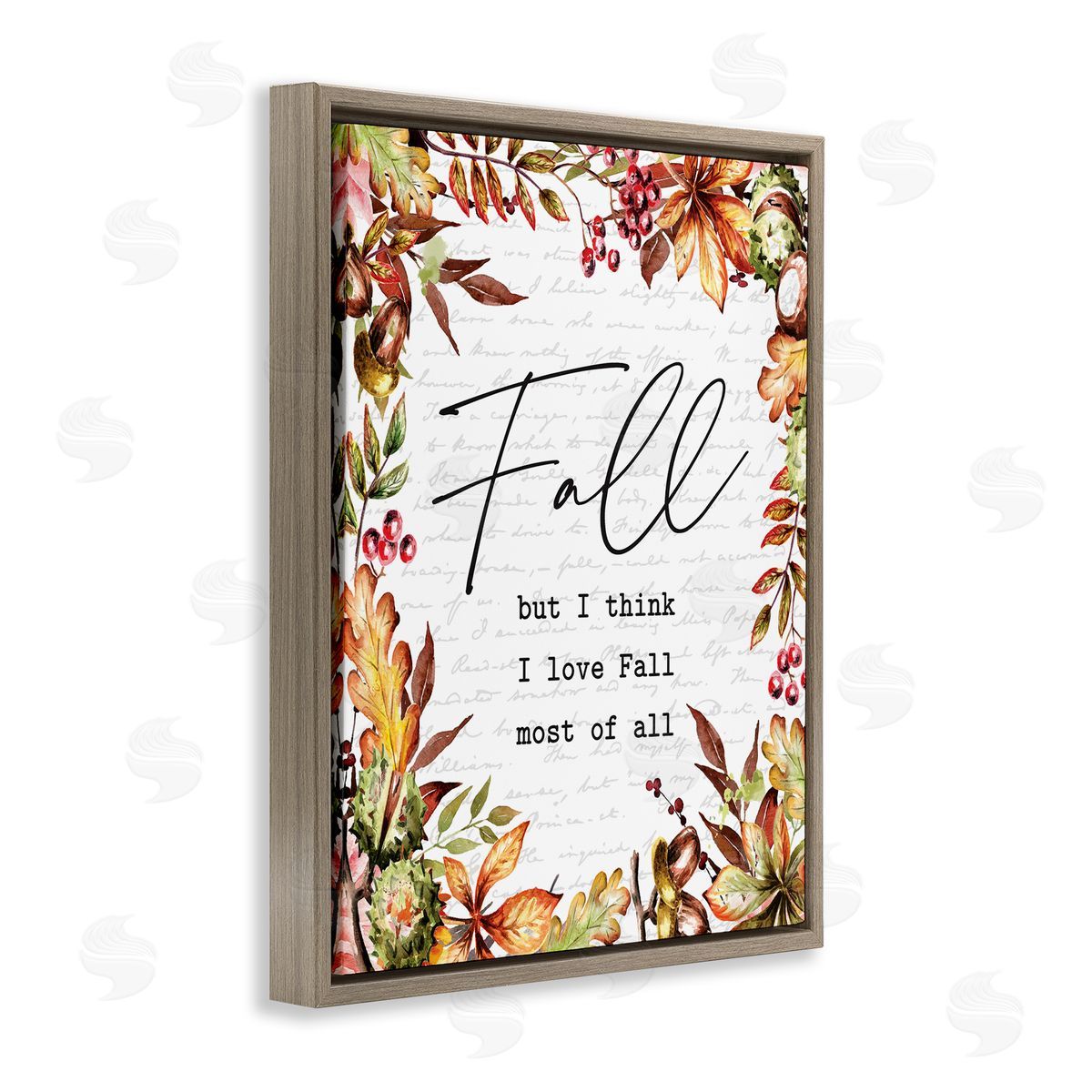 Lettered and Lined Stylish Fall Script Phrase Autumnal Foliage Plants  Brown Floating Frame Canvas Wall Art Print