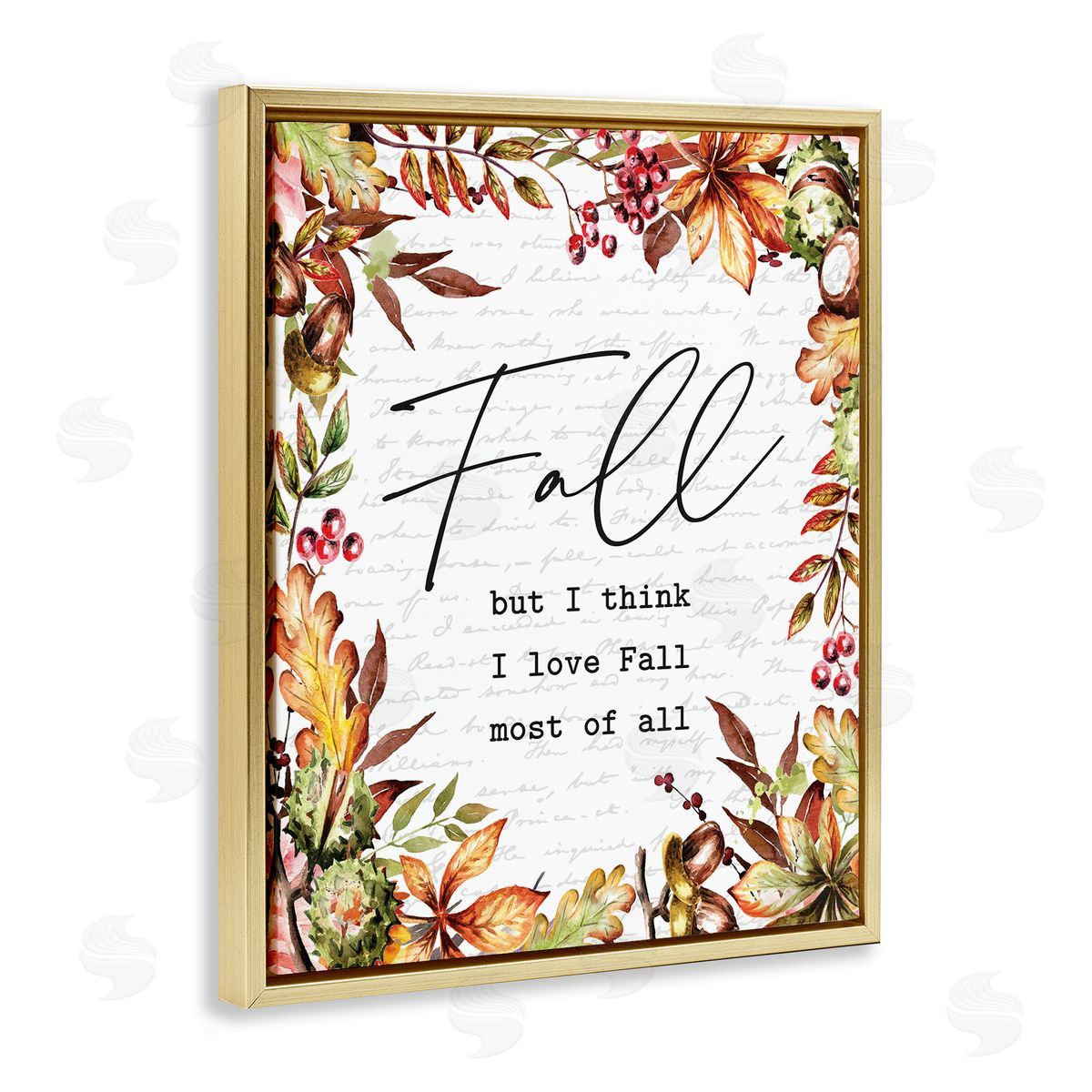 Lettered and Lined Stylish Fall Script Phrase Autumnal Foliage Plants  Gold Floating Frame Canvas Wall Art Print