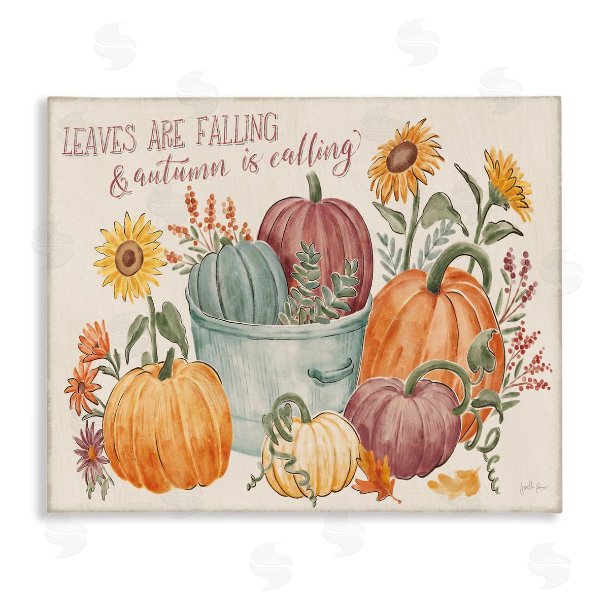 Janelle Penner Autumn Is Calling Phrase  Pumpkins Sunflowers  Stretched Canvas Wall Art Print