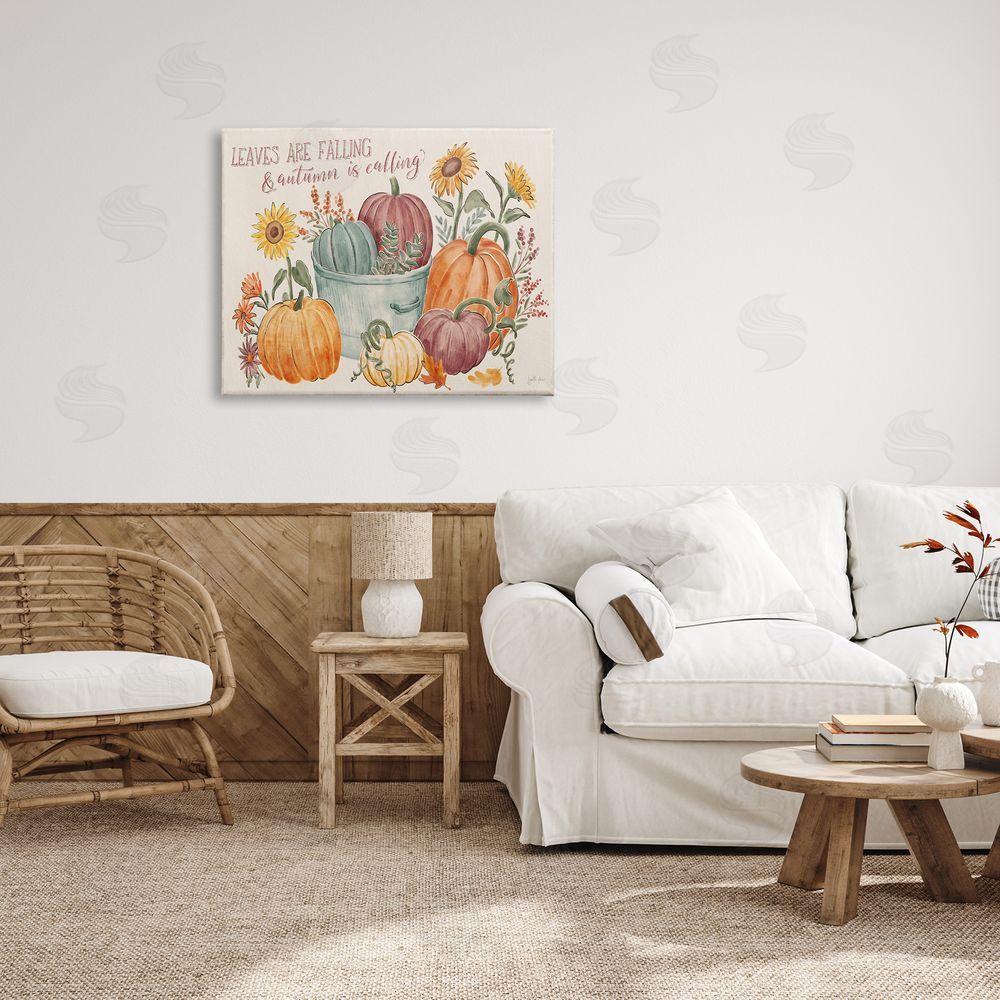 Janelle Penner Autumn Is Calling Phrase  Pumpkins Sunflowers  Canvas Wall Art Print in Room